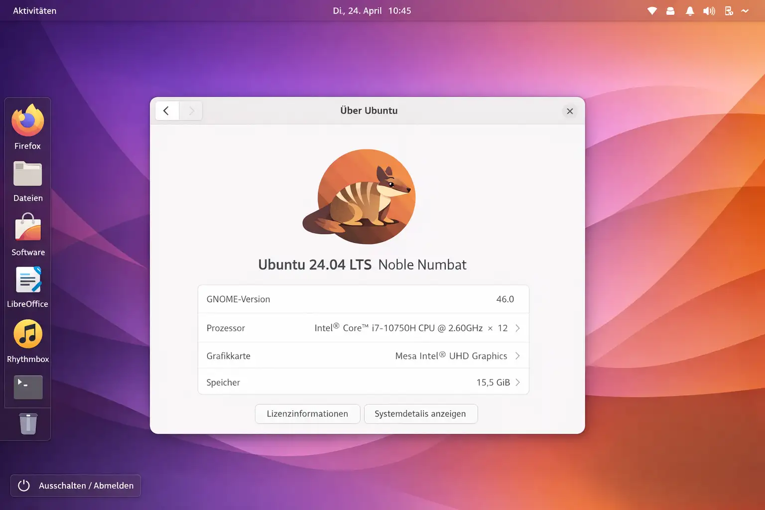 Ubuntu 24.04 LTS Desktop – GNOME mit Standard-Wallpaper und Dash-to-Dock