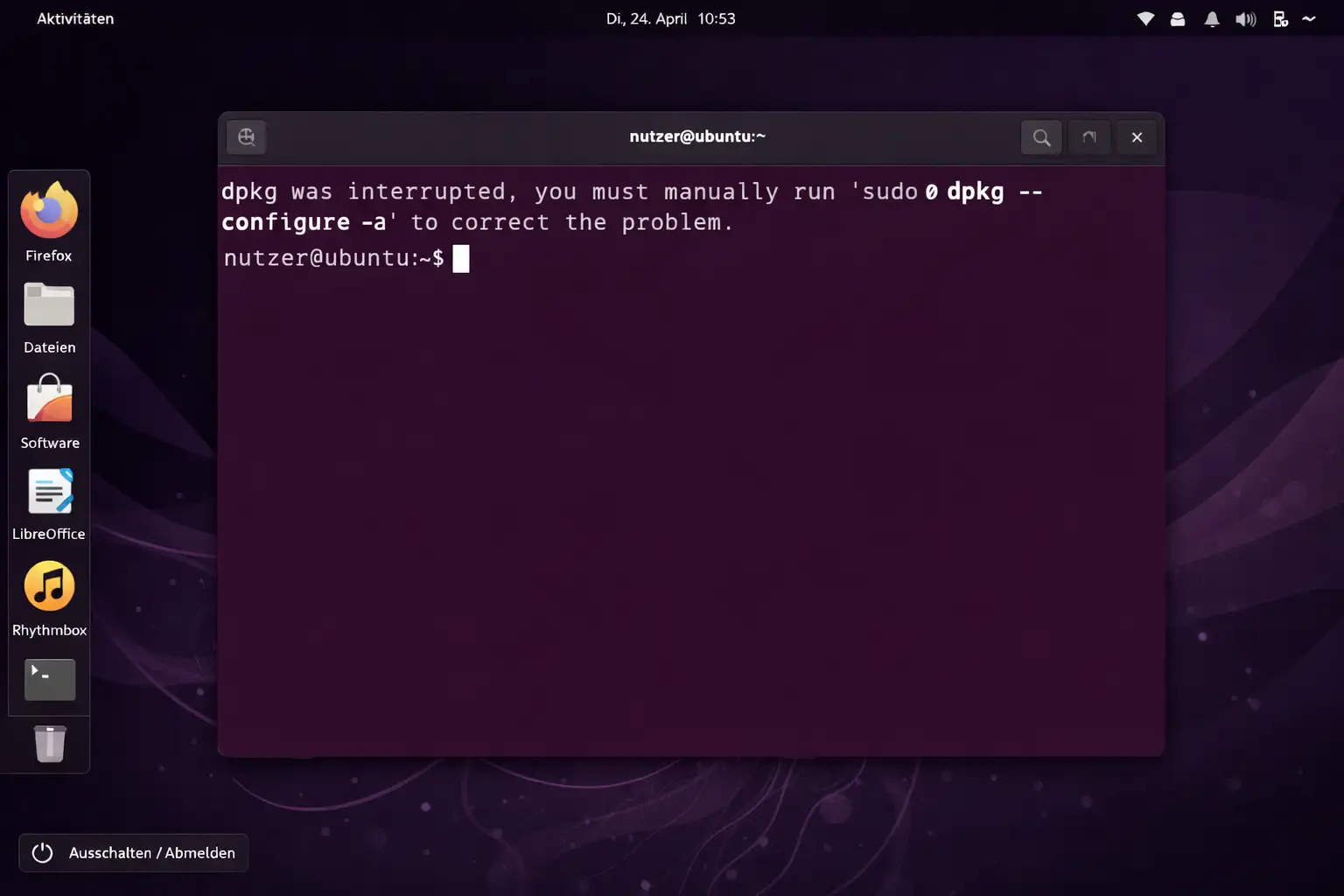 Ubuntu Terminal mit typischer Fehlermeldung bei apt – dpkg lock und broken packages