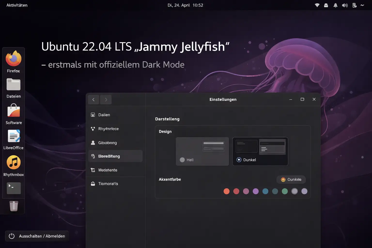 Ubuntu 22.04 LTS Jammy Jellyfish Desktop mit neuem Dark Mode
