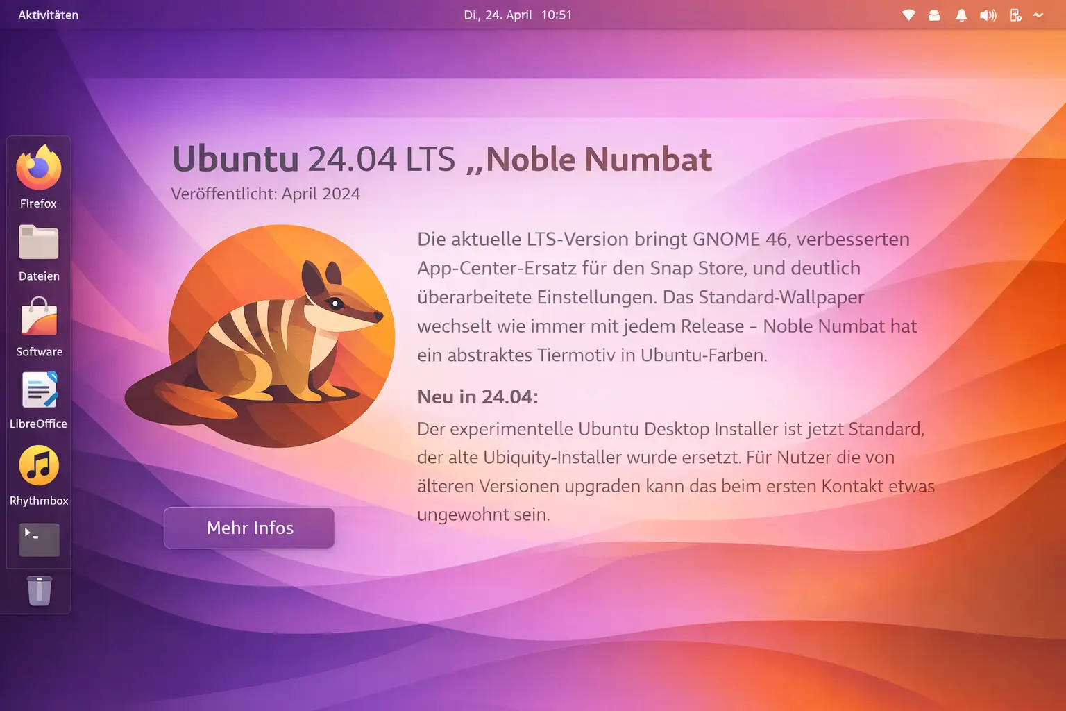 Ubuntu 24.04 LTS Noble Numbat Desktop – GNOME 46 mit Standard-Wallpaper